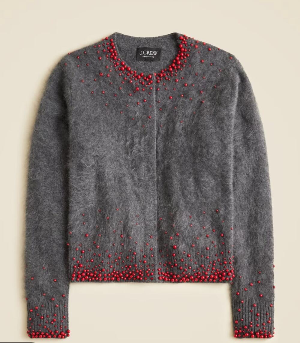J Crew Brushed Cashmere Cardigan XXS 2XS NWT Gray Red Bead Sweater CO594 Prep
